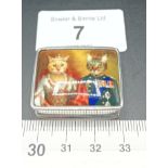 A Sterling silver pill box with enamel lid depicting royal cats
