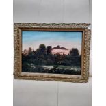 Oil painting depicting country scene set in a antique frame unsigned .