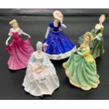 Five various Royal Doulton Figurines, Charlotte HN 2423, Elizabeth HN2946, Emma HN 3714, Mary HN