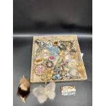 Box of costume brooches to include Fur butterfly brooch, Spider brooch with opalescent stone,