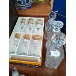 3 glass decanters together with unusual six piece glass set boxed .