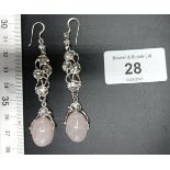 A pair of silver and rose quartz drop earrings