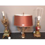 Three antique Ornate table lamps, includes Green onyx and brass design lamp, Porcelain and Ormalu