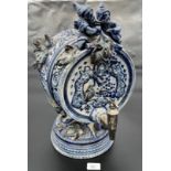 Large Antique German blue and white salt glaze wine barrel, Detailed with raised relief grapes,