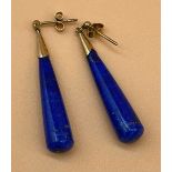 Pair of 9ct gold and Lapis Lazuli tea drop design earrings. [Will post]