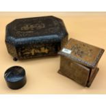 Antique Chinese lacquered sewing box, lacquered lidded box containing mats and small parquetry
