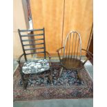 Ercol elm wood rocking chair together with vintage ladder-back rocking chair.