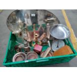 A Crate of Silver plated and collectables to includes wine holders, large silver-plated serving