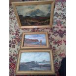 3 antique oil paintings depicting highland and coastal scenes set in antique framing.