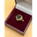 Antique gold ring set with a heart shaped blood stone. [Marks rubbed] [Ring size N] [2.42Grams] [