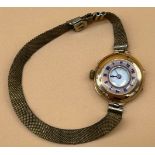 Antique 9ct gold and enamel cased wrist watch. Fitted with a plated bracelet [Enamel face