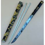 Antique Chinese tortoise shell trousse knife and chopstick set.