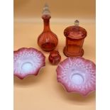 Five various cranberry glass items to include decanter, lidded pot, Mary Gregory small jug and