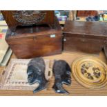 Quantity of wooden boxes and treen items, Includes record storage box, Magazine rack, tray and