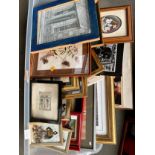 Box of artworks and prints. Includes 19th century engraving, Framed silk cigarette cards, tapestry