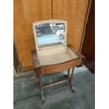Antique drop end vanity cabinet with fitted lift top section mirror.