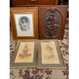 Early engraving of a woman by H.T Ryall, carved decorative wall plaque together with pair of