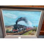 Oil painting of British railways steam train loco and carriages in countryside signed by A W Easson.