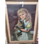 Large early picture depicting young girl holding cat set in an antique frame. Possibly Pears