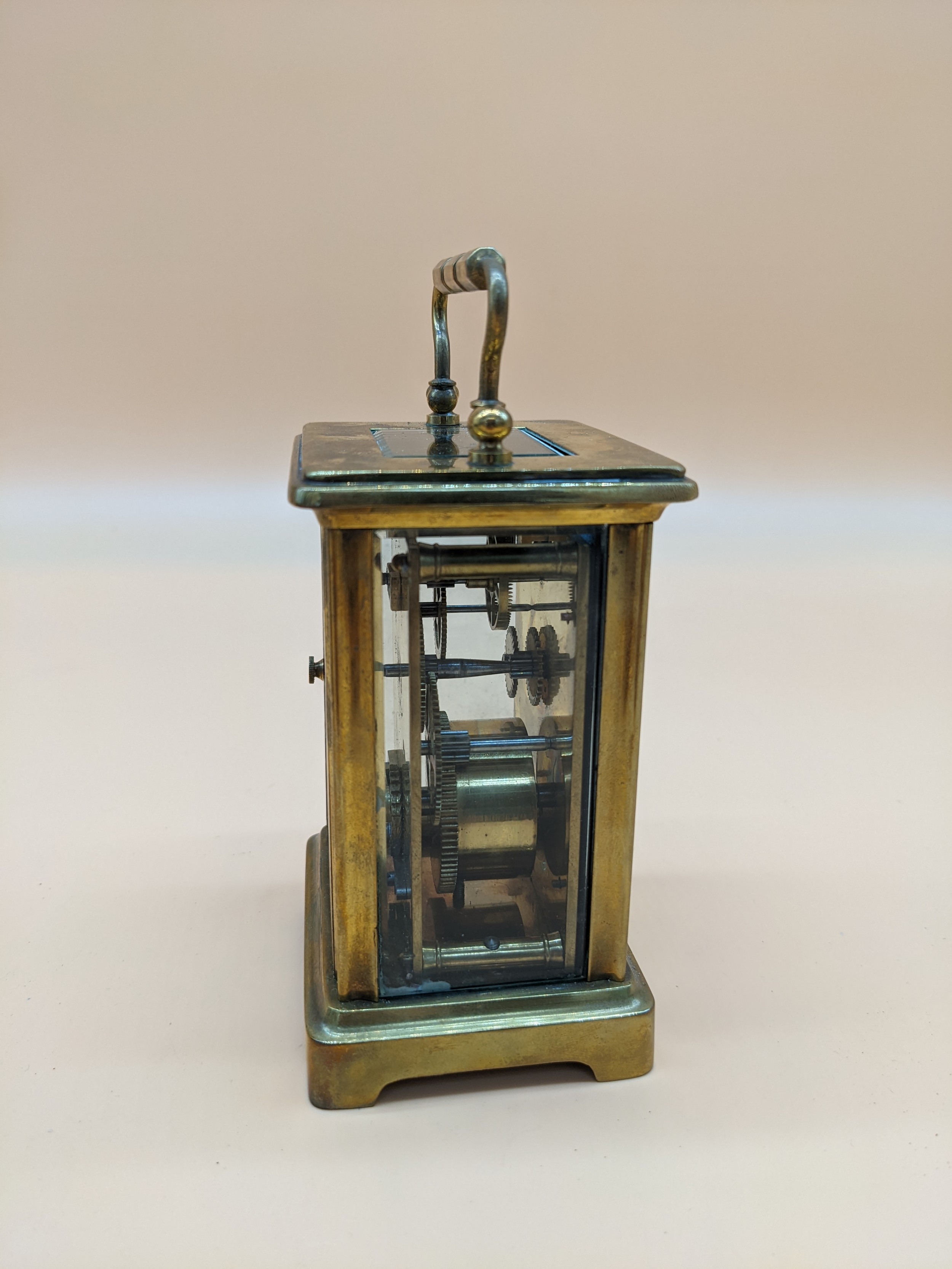 Antique French brass carriage clock with single drum movement, within case - Image 5 of 6