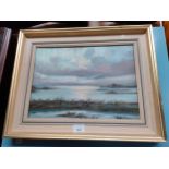 Oil painting depicting coastal scene signed set in framing. Signed