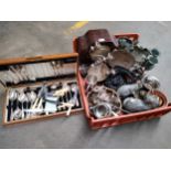 A Large Crate of silver-plated ware, oak clock, cast metal ornate bases and canteen box with