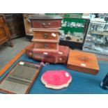 Selection of antique desk items to include small keep safe 2 drawer chest, clock display stand etc.