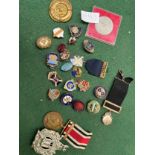 Selection of badges and military items includes Kings Own Scottish Border cap badge, WW2 Long