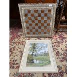 Eastern inlaid chess board together with Forston farm painting by A.T Dewar.