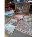 Collection of tapestries includes Victorian group figure scene, landscapes and others, all framed.