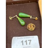 Pair of 9ct gold and jade earrings, together with a 14ct yellow gold Chinese pin. [will post]