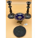 Pair of plated candle sticks, Enamel painted and gilt metal tazza stand, together with Queen