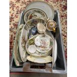 Box of collectables includes Royal Stafford gilt tea pot, Wedgwood bird design plates etc.