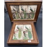 Two sets of Framed Majolica peacock design tiles. Fitted within rustic pine frames. [Large-41x56cm]