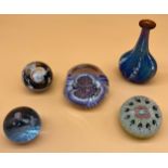 Four various art glass paperweights and iridescent art glass vase. Facet cut Perthshire/