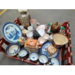 Large crate of collectables includes Royal Doulton toby jug dick Turpin, crown ducal chintz style