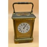Antique French brass and bevel glass carriage clock, Double drum movement, body engraved with