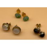 Three pair of gold earrings, Includes Opalescent and 9ct gold earrings, 9ct gold and tiger eye stone