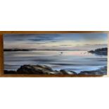 Allan Morgan [b.1952] Oil on canvas depicting coastal sea scape. [40x102cm][Will not post]