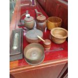 A Collection of wooden bowls, bookends and others.