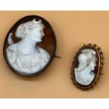 9ct gold and carved cameo brooch together with silver and carved cameo brooch. [Will post]