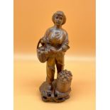 Antique Chinese root wood hand carved figure of a lady holding a basket of fruit. [Will post] [