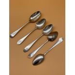 Four antique silver tea spoons together with London silver tea spoon. [72.89grams] [Will post]