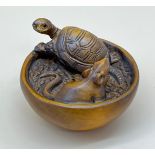 Japanese hand carved netsuke sculpture of a Turtle and Mouse within a bowl, Both with black bead