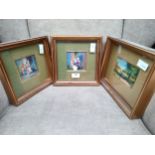 3 paintings on copper depicting countryside and basket of flower scenes set in framing. Signed.