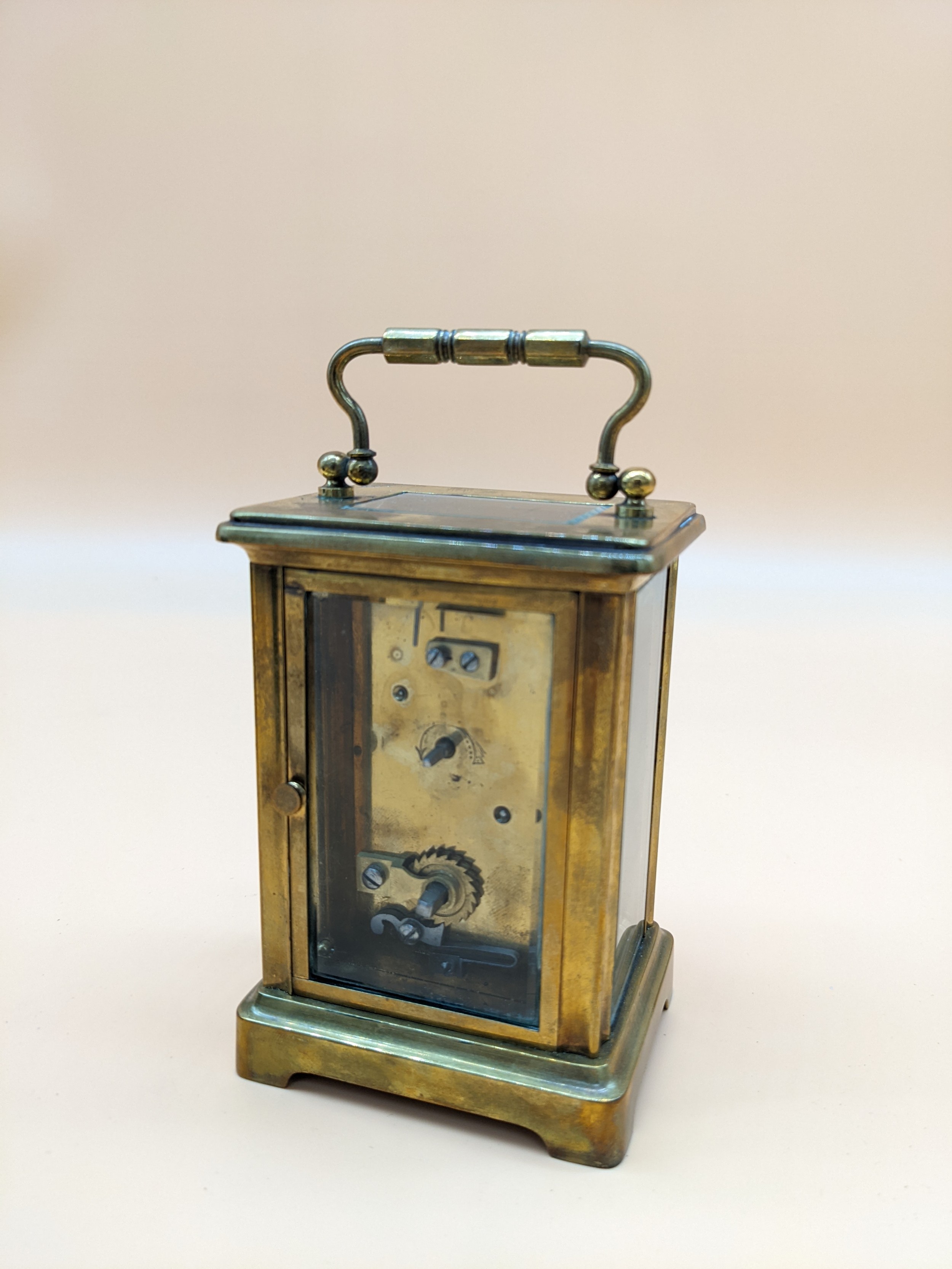 Antique French brass carriage clock with single drum movement, within case - Image 4 of 6