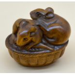 Japanese hand carved netsuke sculpture of two Mice within a basket, Signed. [4.2cm in length]