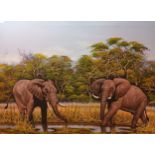 Aubrey Semphani Original oil painting depicting two Elephants at waterhole, Dated 2001. [47x61cm] [