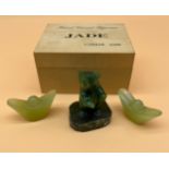 Jade carved bear sculpture together with two Chinese jade carved ingots. [Bear- 5cm high]