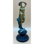 Cold Painted Bronze Art Deco nude lady sculpture standing against a wave with a gull at her foot,